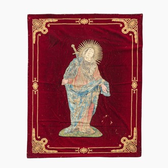 A Flemish religious embroidery with gold thread depicting Our Lady of Sorrows, 17th C. and later