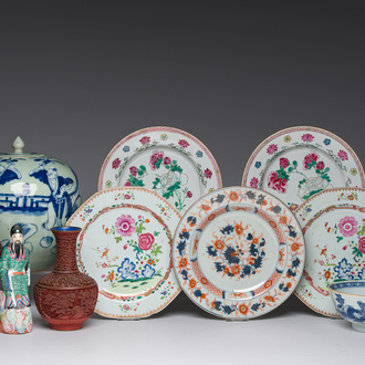 A varied collection of Chinese blue, white, Imari style and famille rose porcelain and two carved cinnabar lacquer vases, Qianlong and later