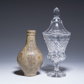 A German stoneware bellarmine jug and a crystal bonbonnière, 17th C. and 19th C.