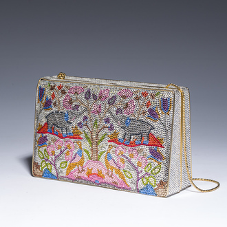 Judith Leiber (1921-2018): Pochette de soirée ornée de cristaux Swarovski à décor d'éléphants, vers 2000