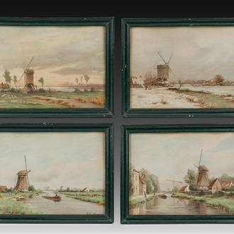 Willem J. Oppenoorth (1847-1905): Quatre paysages fluviaux animés, aquarelle sur papier