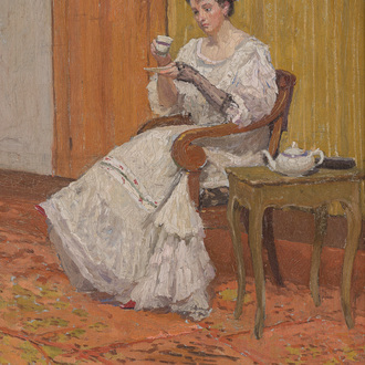 Frans Smeers (1873-1960): 'L'heure du thé', huile sur panneau
