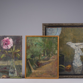 École belge: Deux natures mortes et un paysage, huile sur toile et board, 20ème siècle