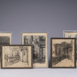 Félix Gogo (1872-1953): Cinq intérieurs, fusain sur papier