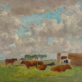 Géo Bernier (1862-1918): Vaches dans le pré, huile sur toile marouflée sur panneau