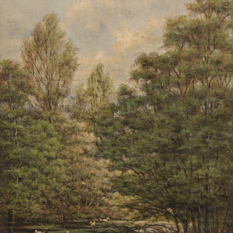 Ernest Rinquet (1876-1943): Paysage fluvial avec canards, huile sur toile