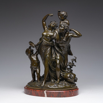 Claude Michel (Clodion, 1738-1814, après): Le triomphe de Bacchus, bronze patiné sur socle en marbre, marque de fonderie 'Cresson Éditeur', 19ème s.