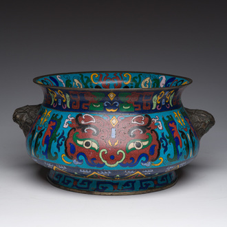 A Chinese cloisonné 'taoti masks' censer, Xuande mark, 19th C.