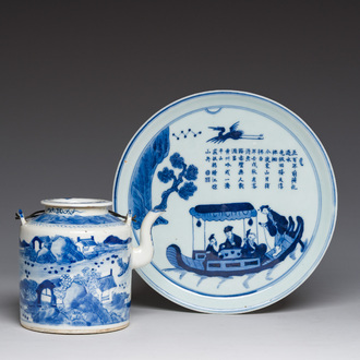 Théière couverte et une assiette à décor d'immortels en porcelaine de Chine 'Bleu de Hue' pour le marché vietnamien, 19ème siècle