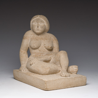 Willem Lorein (20ème siècle): 'Repos' (nu assis), pierre, (1971)