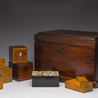 A wooden bronze mounted and eight tea boxes and boxes and covers in various types of wood, mainly England, 19th/20th C.