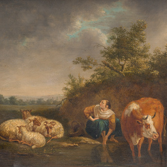J. Astory (19ème siècle): Bergère avec ses animaux à un point d'eau, huile sur panneau