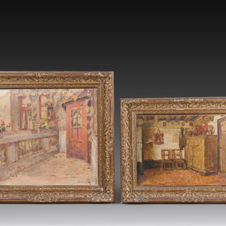 Félix Gogo (1872-1953): 'Binnenkoer Wolstraat 7 Antwerpen' & Intérieur, huile sur toile, une daté 1940