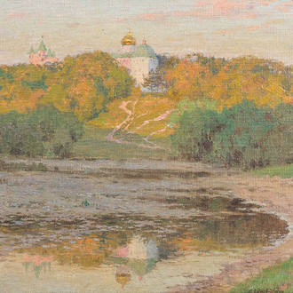 Sergei Evgrafovich Lednev-Shukin (1875-1961): Paysage avec un lac et un palais en arrière-plan, huile sur toile marouflée sur board