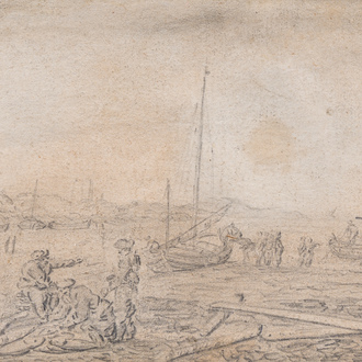 École hollandaise, dans le style d'Adam Willaerts (1577-1664) : Pêcheurs au bord de l'eau, crayon sur papier, 17ème siècle