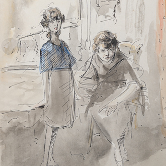 Alfred Ost (1884-1945): 'Vrouw en kind', encre, aquarelle et lavis sur papier, daté 29 mars (19)14