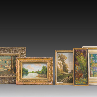 École européenne: Cinq peintures diverses, huile sur board et panneau, 19ème/20ème siècle