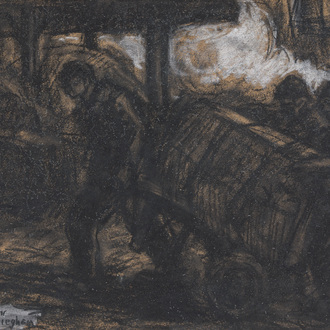 Eugeen Van Mieghem (1875-1930): Transport de la cargaison, fusain et pastel sur papier