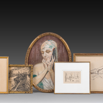 École européenne: Cinq dessins et eaux-fortes variés, techniques mixtes sur papier, 20ème siècle