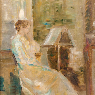 École belge: Jeune femme à la lecture, huile sur toile marouflée sur board, 19ème/20ème siècle