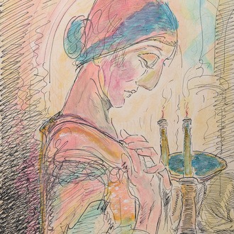 Alfred Ost (1884-1945): Femme en prière, encre et aquarelle sur papier, daté 30 mai (19)24