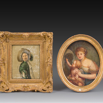 École française: Portrait d'un noble & Les origines de la peinture, huile sur panneau et toile, 18ème/19ème siècle