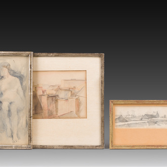 Corneel Lodewijk Pieter Van Gorp (1932-2008): Nu assis, Vue d'une rangée de toits & Paysage, aquarelle et crayon sur papier