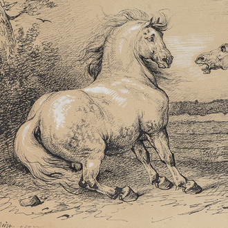 Eugène Verboeckhoven (1798-1881): Chevaux dans un paysage, dessin à l'encre rehaussée, daté 1834