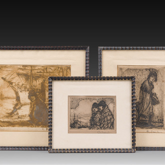 Eugeen Van Mieghem (1875-1930): Three various etchings with figures in a harbour context