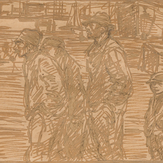 Eugeen Van Mieghem (1875-1930): Les dockers, encre brune sur papier