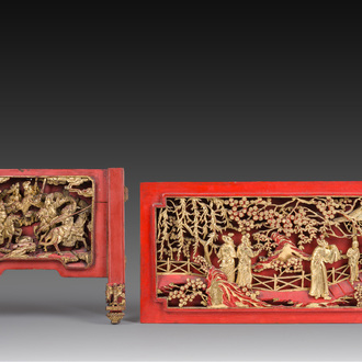 Deux panneaux en bois laqué et doré à décor figuratif, dont l'un est signé, Chine, 19ème/20ème siècle