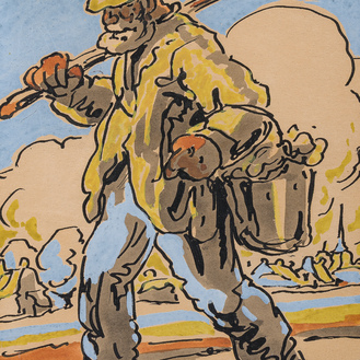 Alfred Ost (1884-1945): 'Akkerwaarts', encre et couleurs sur papier, daté (19)13