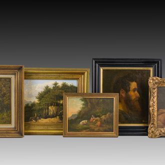 École européenne: Cinq peintures diverses, huile sur toile et panneau, 19ème/20ème siècle