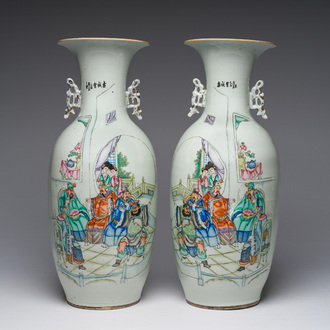 A pair of Chinese famille rose 'animated palace scene' vases, 19th/20th C.