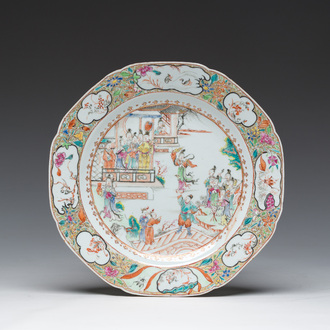 A Chinese octagonal famille rose 'Mandarin acrobat' plate, Qianlong