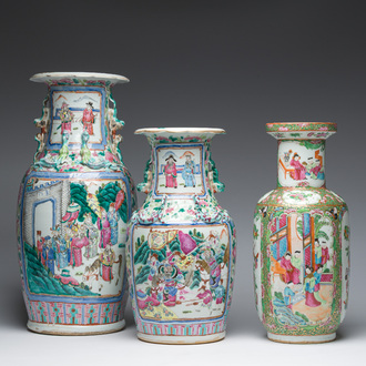Three Chinese Canton famille rose 'warrior and palace scenes' vases, 19th C.