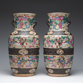 A pair of fine Chinese Nanking crackle glazed famille rose 'warrior' vases, 19th C.