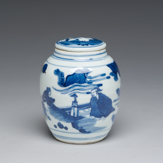 A Japanese blue and white Arita jar and cover with figures in a landscape, Edo, 18th/19th C;