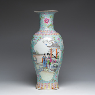 A Chinese famille rose baluster vase with court ladies relaxing in a palace garden, Qianlong mark, Republic, 20th C.
