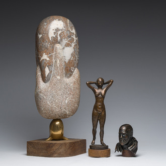 Arlette Hutsebaut (20th/21st C.): Abstract marble composition and two patinated bronze figures