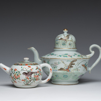 Two Chinese famille rose and verte teapots and covers with birds among blossoming branches, 19th C.