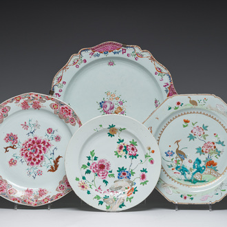 Four Chinese famille rose dishes with birds and flowers, Qianlong