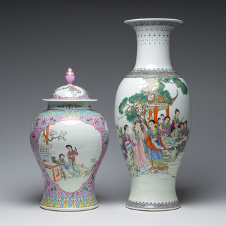 Two Chinese famille rose vases with animated scenes in a palace garden, Qianlong marks, Republic, 20th C.