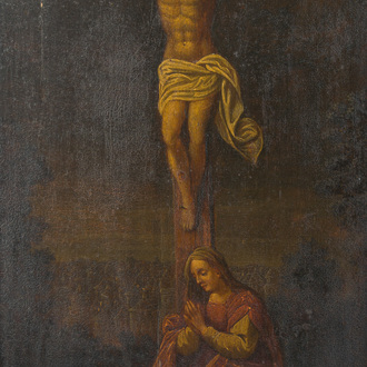 Flemish school: Jesus on the cross with Mary Magdalene kneeling beneath him, oil on panel, ca. 1700