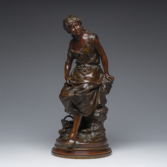 Auguste Moreau (1834-1917): 'Pècheuse de crevettes', brown patinated bronze, marked 'Société des bronzes de Paris'