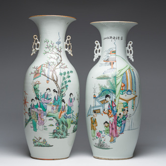 Two Chinese famille rose vases with ladies and children in a palace garden, 19th/20th C.