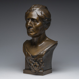Belgian school: Bust of a lady, brown patinated bronze, 20th C.
