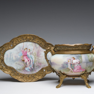 A French Sèvres style gilt bronze mounted jardinière and a dish with amorous scenes, 19th C.