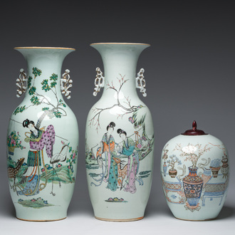 Two Chinese famille rose 'Magu' vases and a doucai 'antiquities' jar and cover, 19th/20th C.