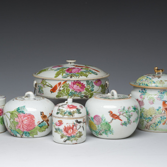 Six Chinese qianjiang cai jars and covers with a bird among blossoming branches, 19th/20th C.